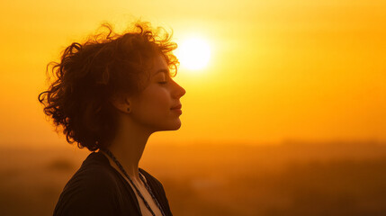 Fototapeta premium woman standing in profile against sunset, exuding calm and confidence. warm orange hues create serene atmosphere, highlighting her gentle expression