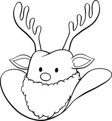 Christmas cowboy hat with reindeer antlers, Santa fluffy beard, nose, ears and eyes hand drawn black outline on white fill coloring book illustration