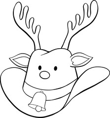 Christmas cowboy hat with reindeer antlers, nose, ears, eyes, bell and hatband hand drawn black outline on white fill coloring book illustration