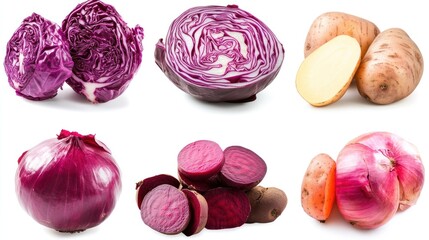 A collection of red, purple, and white vegetables, including red cabbage, beets, potatoes, and onions, on a white background.