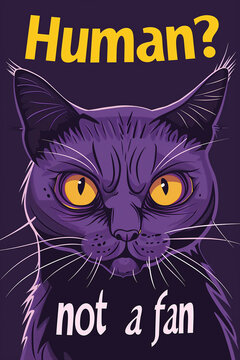 Illustration d'un chat violet avec regard per&ccedil;ant, l'air m&eacute;chant avec texte humoristique en anglais "Human? Not a fan", design original et sarcastique, fond violet sombre.