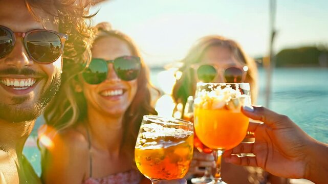 A joyful gathering of friends captures the essence of summer as they toast with colorful drinks, embodying carefree moments against a stunning beach sunset backdrop. Laughter fills the air. - Powered by Adobe