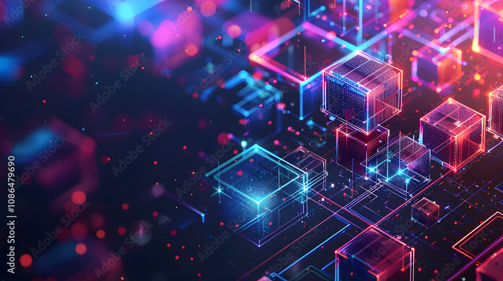 Poster abstract geometric background with isometric digital blocks. blockchain concept and modern technolog