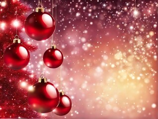 Christmas Tree In Red Glitter Background - Bubbles Hanging On Fair With Abstract Lights
