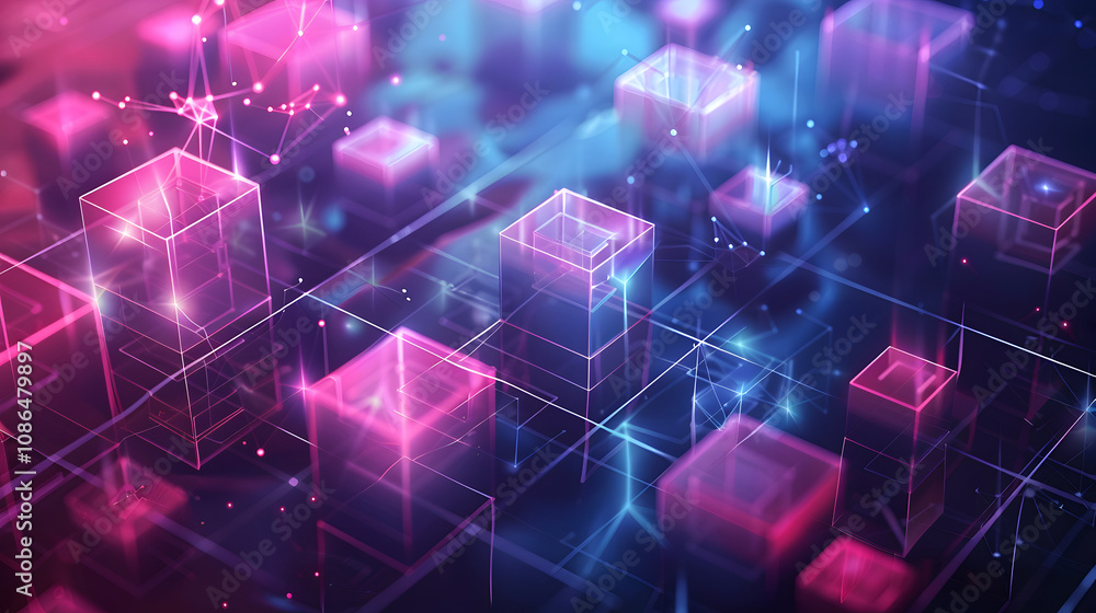 Poster abstract geometric background with isometric digital blocks. blockchain concept and modern technolog