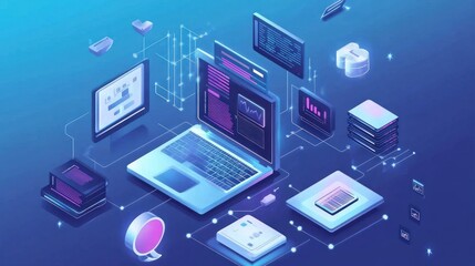 Isometric illustration of a laptop computer connected to various devices and data, representing technology and digital networks.