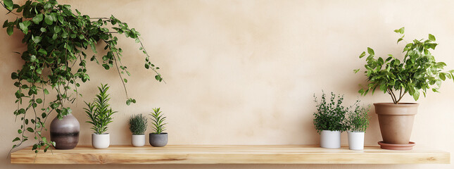 Photo of a wooden shelf with plants on a light beige background