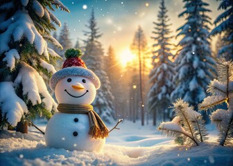 Obraz premium Adorable Snowman in a Winter Forest - Double Exposure Photography with Snowy Trees and Happy Vibes, Perfect for Holiday Greetings and Seasonal Designs