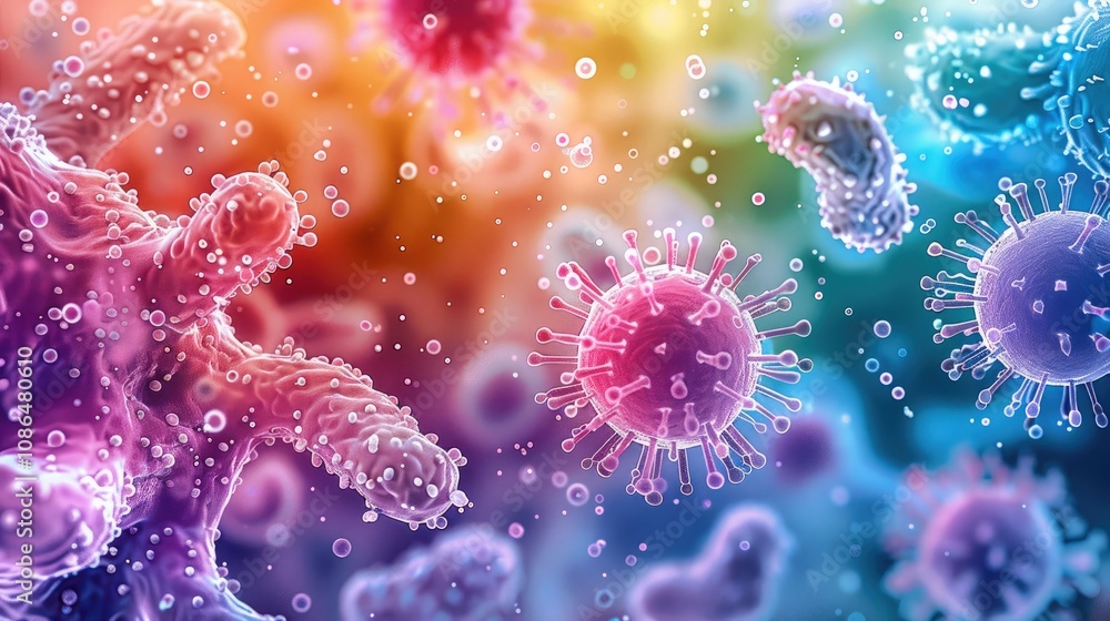 Poster A vibrant, microscopic view of various bacteria and viruses in a colorful, dynamic array set against a soft.