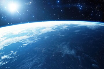 Fototapeta premium A stunning view of Earth from space with the sun rising over the horizon.