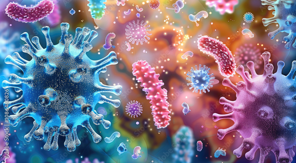 Poster A vibrant, microscopic view of various bacteria and viruses in a colorful, dynamic array set against a soft.