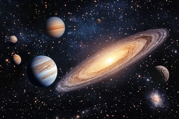 A stunning view of our solar system with a galaxy in the background.