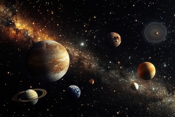 A stunning view of our solar system with planets, stars, and the Milky Way galaxy.