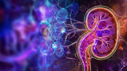Digital illustration human kidney center surrounded by Renal pathology image displaying