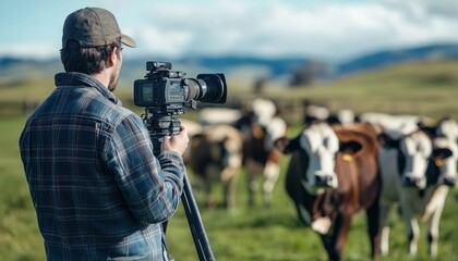 A videographer films a herd of cows in a grassy field.