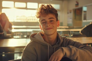 Teenage Boy at School: Morning Portrait in the Classroom
