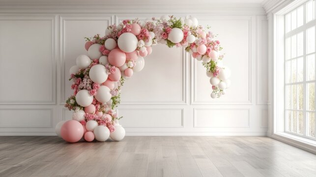 Large arch made balloons flowers room white walls realistic spring floral balloon