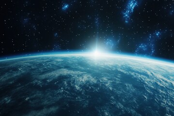 Fototapeta premium A sunrise over a blue planet with a bright light and a nebula in the background.