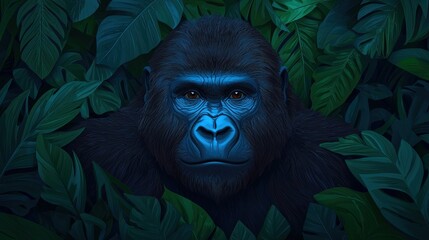 Majestic Gorilla in Lush Rainforest Tropical Leaves Wildlife Portrait