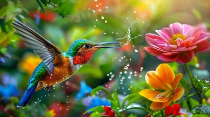 Naklejka premium Playful Hummingbirds Sipping Water Droplets from Wildflowers