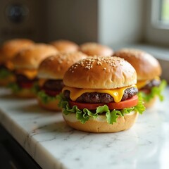 Juicy mini cheeseburgers for catering, party food, menu design, restaurant promotion, food blogs, cookbooks, and burger recipe websites (190 characters)