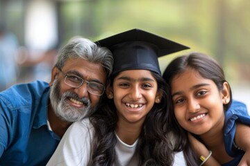 Fototapeta premium Smiling Indian Woman in Graduation Attire Surrounded by Parents
