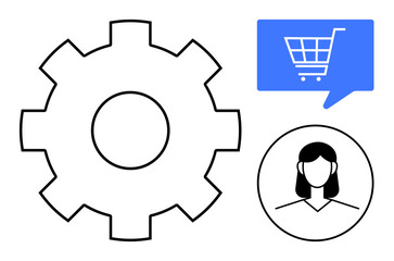 Gear symbol, shopping cart inside a speech bubble, female user profile. Ideal for technology, e-commerce, user interaction, customer service, online shopping, technical support, digital