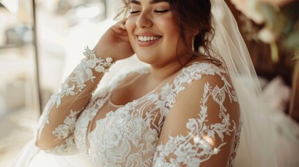 Naklejka premium Beautiful Bride in Lace Wedding Dress Glowing on Her Memorable Day