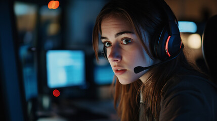 Young woman focused on gaming during a late-night session in a dimly lit room