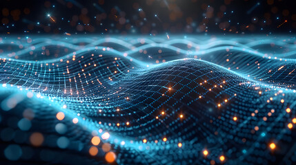 Abstract technology background of a quantum computing system with a cyber network grid and connected particles. Artificial neurons, global data connections