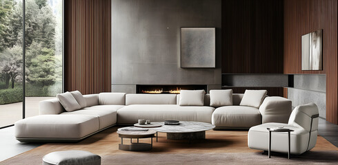 Modern sofa with armrests in the living room of an elegant villa