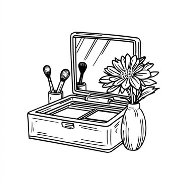 recommend clip art: A makeup kit with a mirror and a vase of flowers