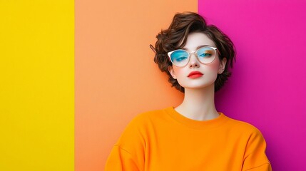 A stylish young woman poses confidently in front of a vibrant, multi-colored background, showcasing modern fashion and self-expression.