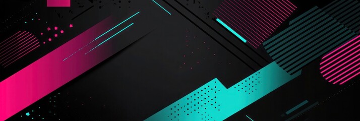 Festive abstract design for Christmas with bold color blocks in dark hues like black and bright accents of magenta and turquoise, minimalistic patterns and thin line textures