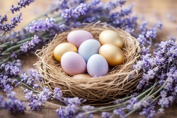 A nest filled with golden and pastel easter eggs surrounded by lavender flowers with a dreamy bokeh background, AI Generated