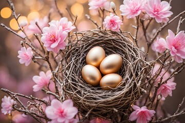 A nest made of twigs filled with golden and pastel eggs surrounded by pink flowers with a warm bokeh background, Ai Generated