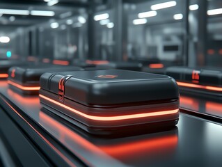 A futuristic luggage conveyor belt filled with glowing hightech suitcases