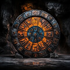 Obraz premium Ancient Mystical Symbolism: Intricately Carved Stone Wheel with Astrological Signs and Symbols Set Against a Dramatic Cave Background