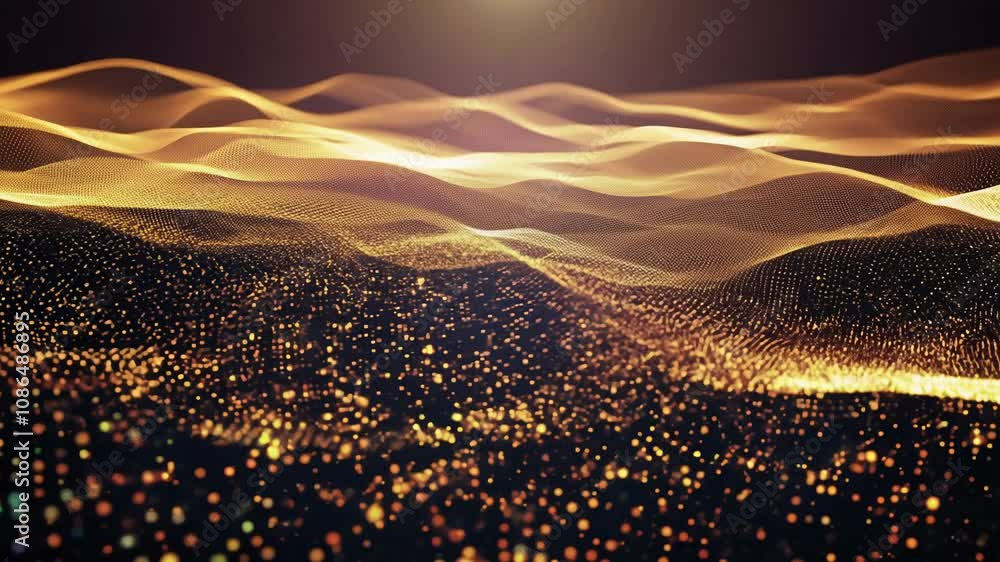 Poster camera zooms into pixelated particles shifting from warm earth tones to cool blues, reacting to an i