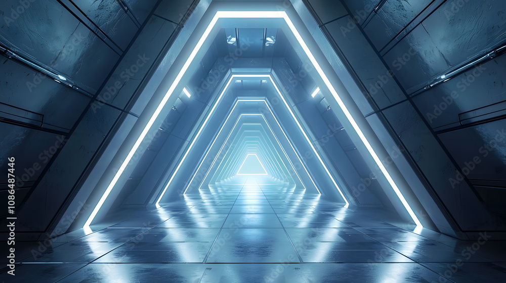 Poster abstract triangle spaceship corridor. futuristic tunnel with light. future interior background, busi
