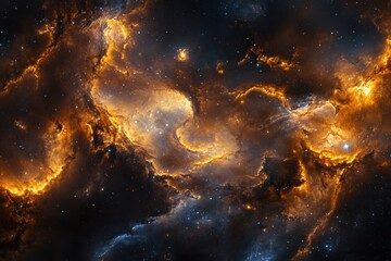 Fototapeta premium A vast expanse of glowing orange and blue nebulae in the deep space with scattered stars.