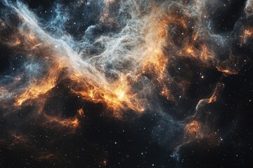 Obraz premium A vast, swirling nebula of blue and orange gas fills the dark space, dotted with countless stars.