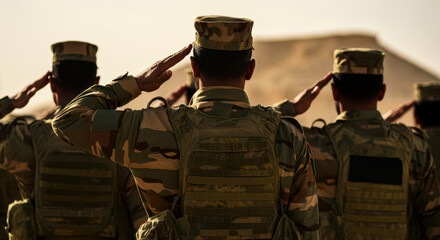 Libyan soldiers giving salute during ceremony military, glory and honor, dignified military uniform