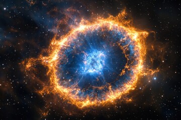 A vibrant, colorful nebula with a bright blue core surrounded by a fiery orange ring.