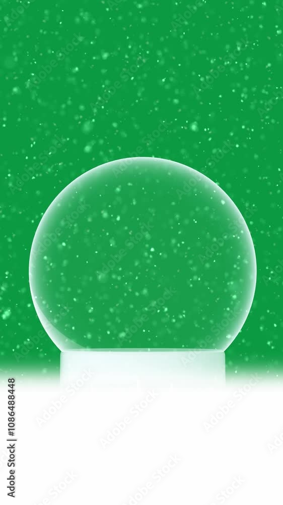 Poster loop snowfall with empty christmas snowball on green vertical background.