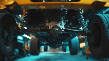 Fototapeta premium Close-up view of a car's rear axle suspension system with shocks, wheels, and differential.