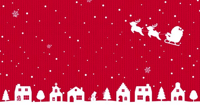 Animated Christmas vector background with houses and santa claus in snow
