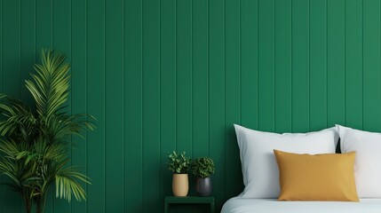 Modern Emerald Green Bedroom Interior Design Plants Bed Pillow