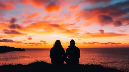 A couple sitting together, enjoying a vibrant sunset over the ocean.