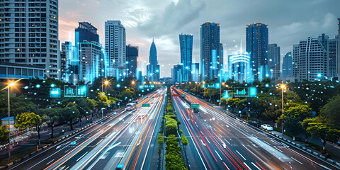 Smart city infrastructure at night and Urban connectivity with advanced technology

